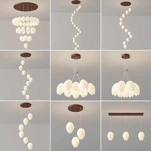 中古风创意荷花别墅复式楼大吊灯奶油旋转楼梯酒店客厅大长吊灯具