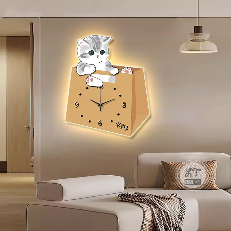 卡通猫咪钟表装饰画挂墙儿童房卧室创意时钟壁灯画餐厅墙静音挂钟