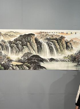 纯手绘国画山水横幅小六尺源远流长客厅沙发背景墙电视墙装饰画