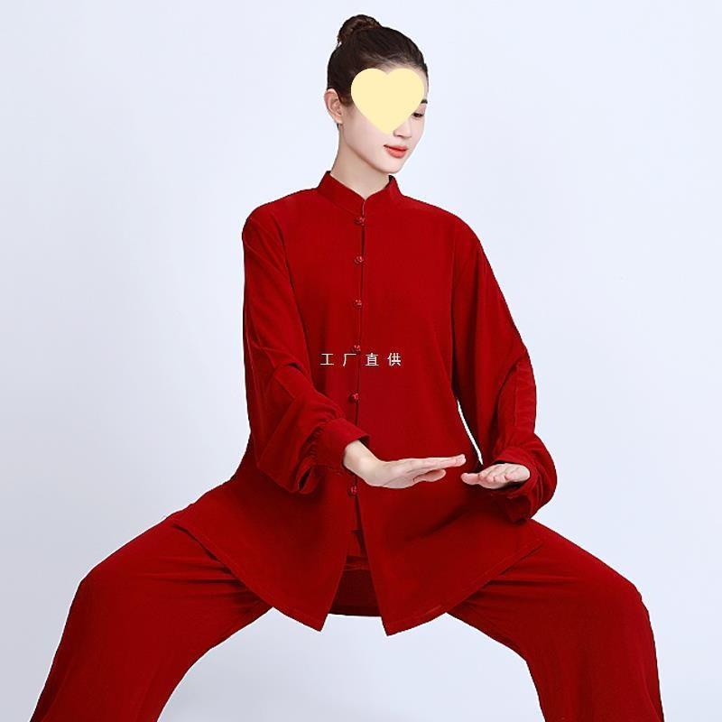 春秋太极服女新款丝麻太极拳练功服男红色武术表演服中国风八锦缎
