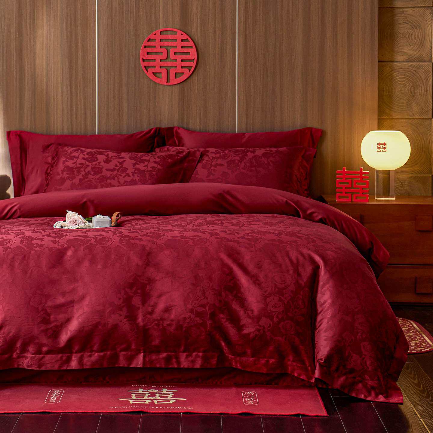 日常可用丨100S提花全棉婚庆四件套长绒棉贡缎纯棉大红结婚床品