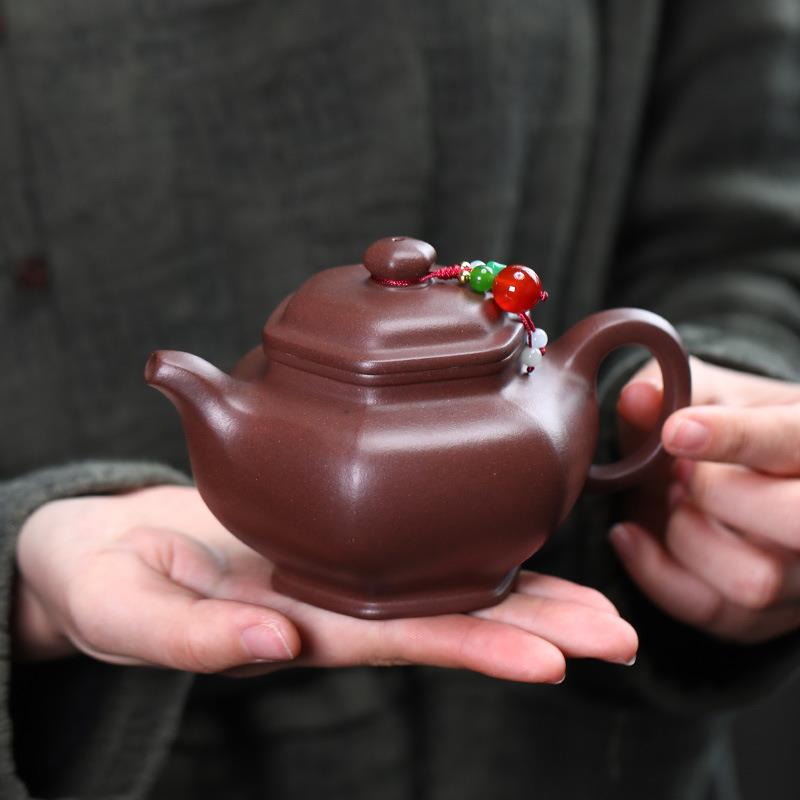 宜兴紫砂壶茶具原矿底槽青全手工六方笑樱壶家用紫砂方器泡茶壶