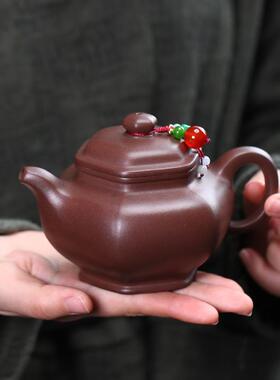 宜兴紫砂壶茶具原矿底槽青全手工六方笑樱壶家用紫砂方器泡茶壶