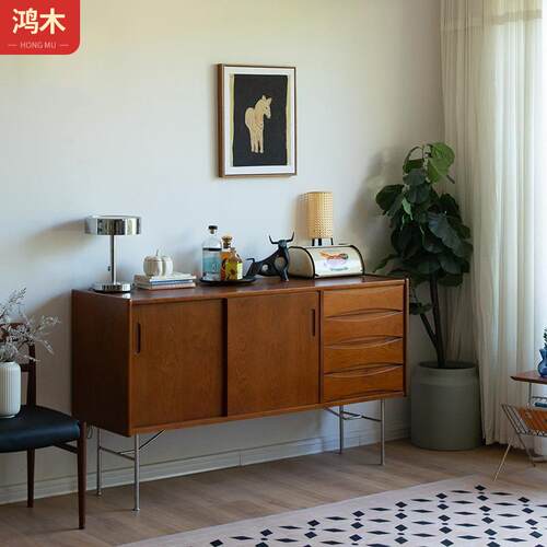 北欧复古实木收纳储物柜小户型靠墙中古餐边柜家用多功能茶水柜
