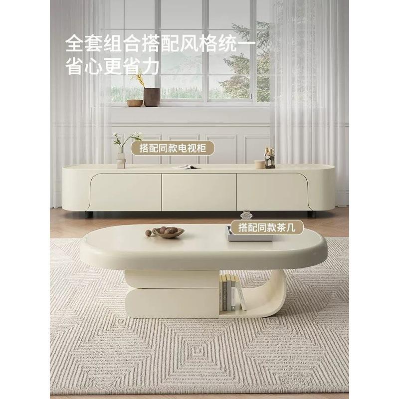 白色亮光岩板茶几组合家用客厅轻奢网红简约大理石电视柜