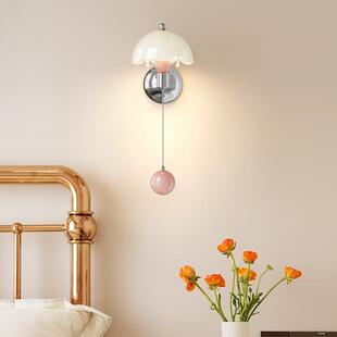 拉线开关壁灯中古床头灯2025新款法式蛋壳卧室墙灯奶油风护眼灯具