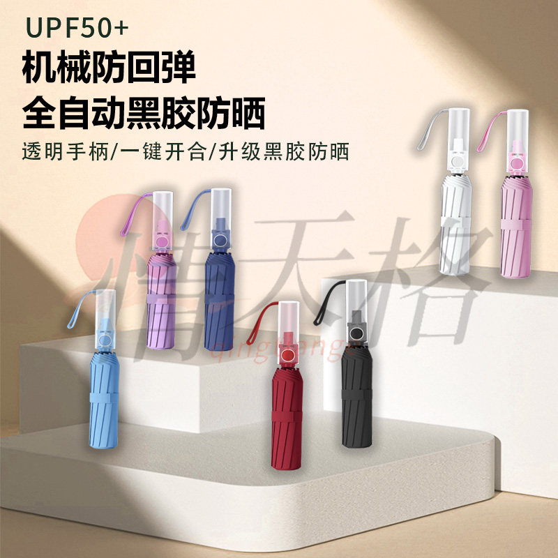 情天格全自动晴雨伞UPF50+防晒防水黑胶透明手柄一键开合