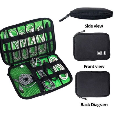 1pc Black Green Storage Bag Electronic Accessory Organizer P