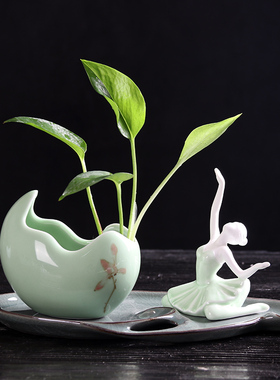 创意陶瓷摆件花宠青瓷官窑侍女舞女流水器装饰品室内DIY造景装饰