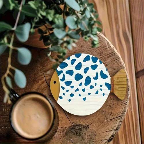 4pcs Whimsical Fish-Shaped Wooden Coasters - Vibrant Blue &