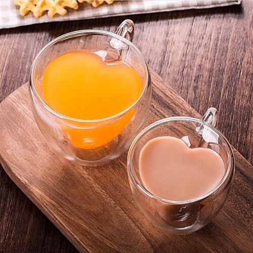 Heart Love Shaped Double Wall Glass Coffee Mug Home Office H