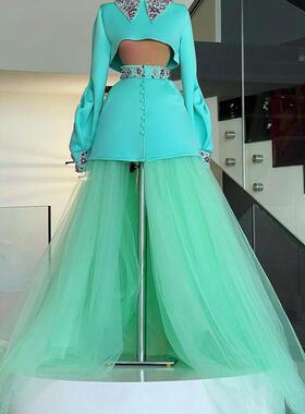 Elegant Two Pieces Prom Party Dresses Crystals   Long Puffy