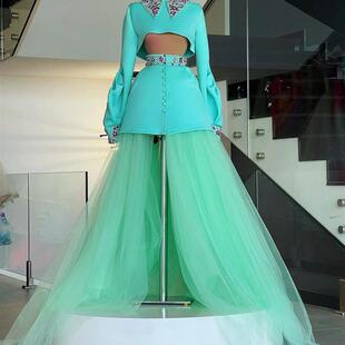 Elegant Two Pieces Prom Party Dresses Crystals   Long Puffy