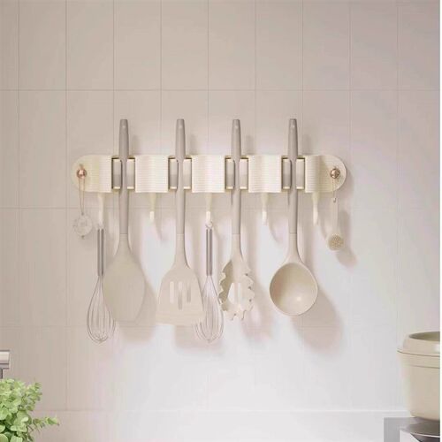 Wall-mounted mop and broom holder with no-drill clips, a ver