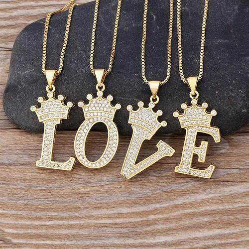 Nidin  Luxury Copper Zircon A-Z Crown Alphabet Pendant Chain