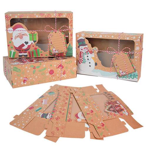 9Pcs Christmas Cookie Box Kraft Paper Candy Gift Boxes Bags