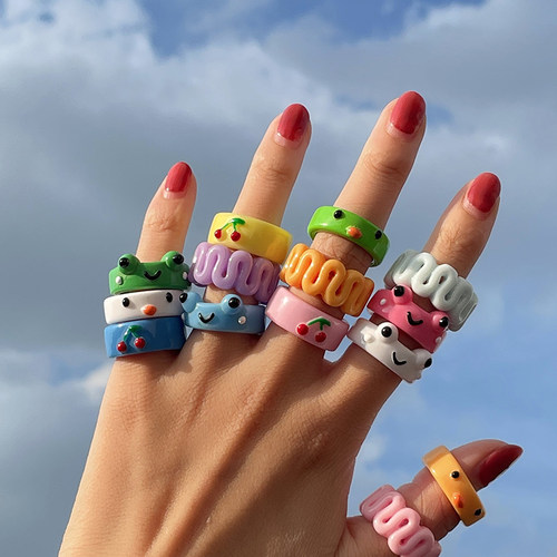 Cute Simple Frog Chick Ring for Women Girl Resin Geometric F