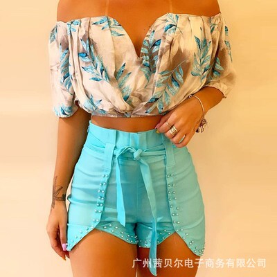 Wepbel Slash Collar Crop Tops + Bubble Shorts Sets Off-Shoul