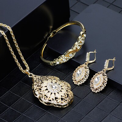 SUNSPICEMS Gold Color Arabic Necklace Earring Cuff Bracelet