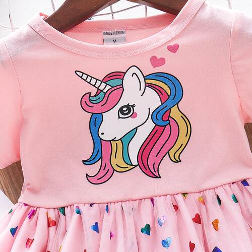 2023 New Summer Girls Dress Cotton Cartoon Unicorn Splicing