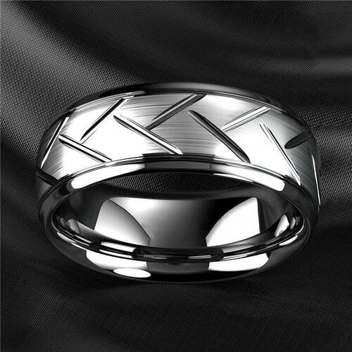 Fashion Mens Silver Color Black Stainless Steel Ring Groov