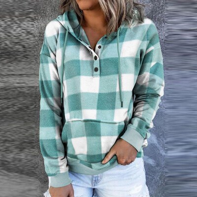 Women Casual Drawstring Button Tops Pullover Vintage Landsca