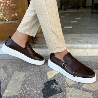 New Brown Mens Vulcanize Shoes Double Buckle Monk Shoes Bla
