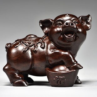 黑檀木质猪雕刻摆件实木十二生肖木头吉祥物家居电视柜装饰工艺品