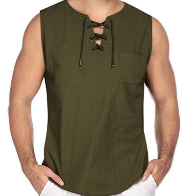 New Mens Sleeveless Shirt Lace-up Fashion Navy Blue Cotton