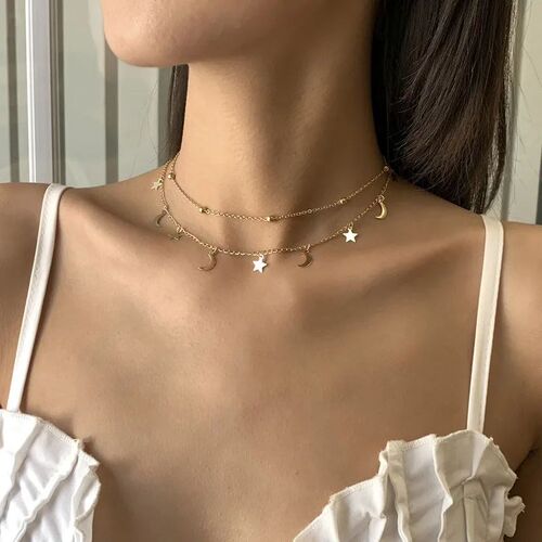Star & Moon Pendant Bead Choker Necklace for Women Fashion D