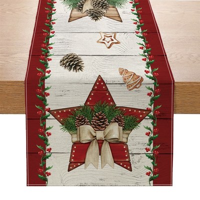 Christmas Table Runner - Beige and brown winter scene with p
