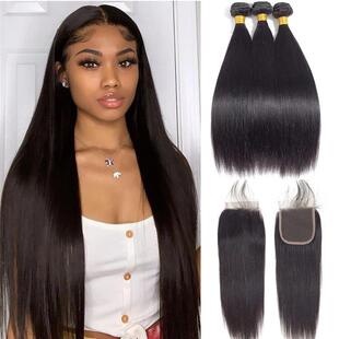 Straight Bundles With Closure Brazilian Hair Weave Bundles W