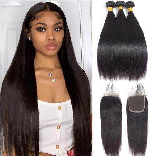 Straight Bundles With Closure Brazilian Hair Weave Bundles W