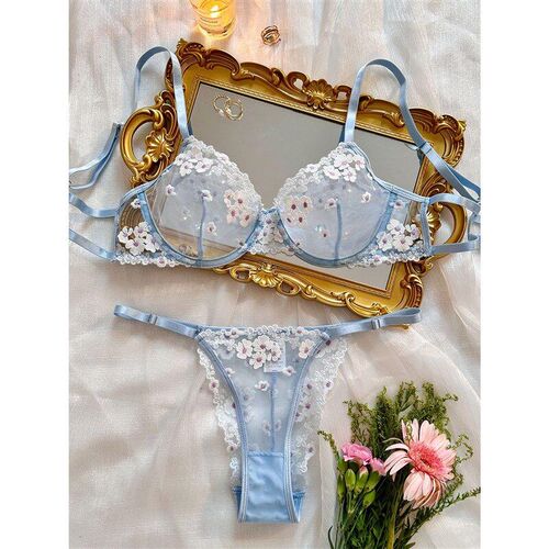 Screen perspective gather underwear set甜美印花刺绣网纱内衣