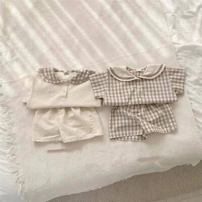 2023 Summer New Baby Navy Collar Plaid Clothes Set Children
