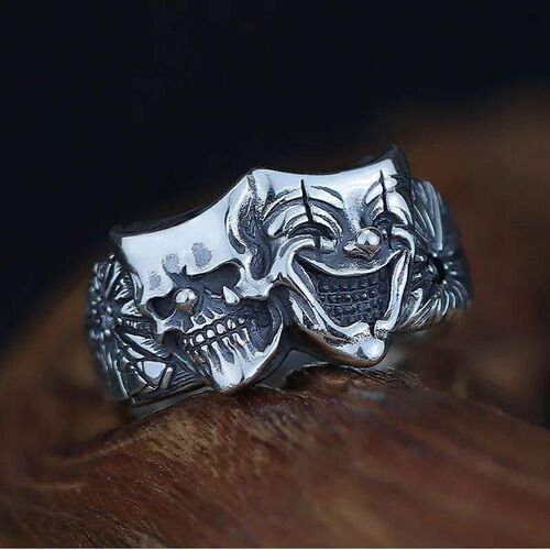 Retro Two Face Joker Ring For Men Silver Color Punk Gothic A