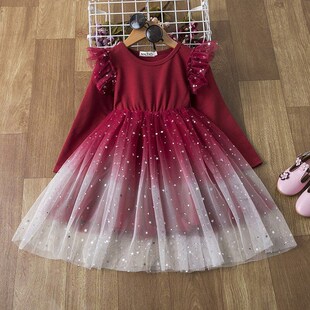 Girls Gradient Starry Net Longsleeve Princess Dress for 2025