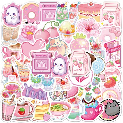 2023New 50PCS INS Style Cute Pink Pixel Cartoon Stickers DIY