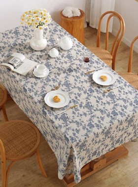 复古蓝色印花桌垫桌布防尘盖布免洗茶几餐桌布垫布书桌面保护垫HF