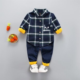 Flannel Boys TwoPiece Set Check Collar Shirt w Long Sleeves