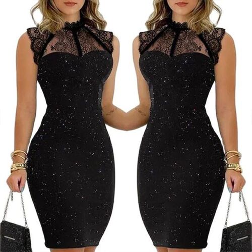 Summer Elegant Women Luxury Sequin Black Lace Dresses Evenin
