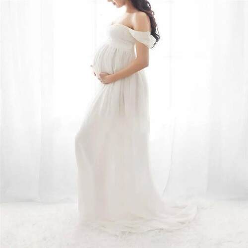 Maternity Off Shoulder Short Sleeve Mesh Sheer Split Dress L