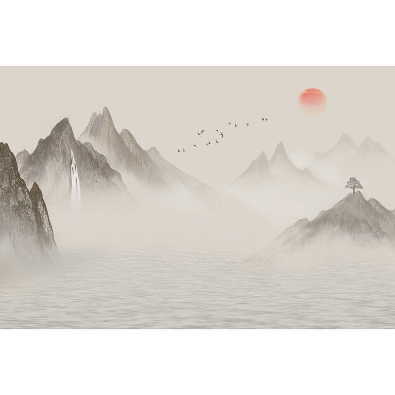 中式水墨山水云雾鸟太阳瀑布沙发书房电视背景墙壁画客厅定制壁纸,家装主材,定制壁画,淘宝优惠券,粉丝福利购,淘宝优惠卷