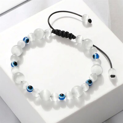 Blue Evil Eye Beaded Bracelets Natural Cat Eye Stone 6 8mm O