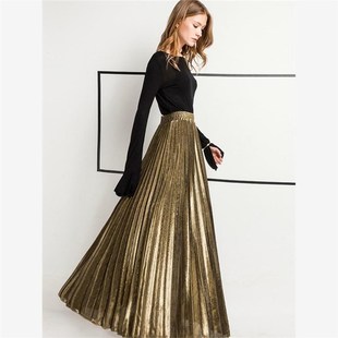 women retro long skirt 金属色半身裙松紧腰A字显瘦百褶裙
