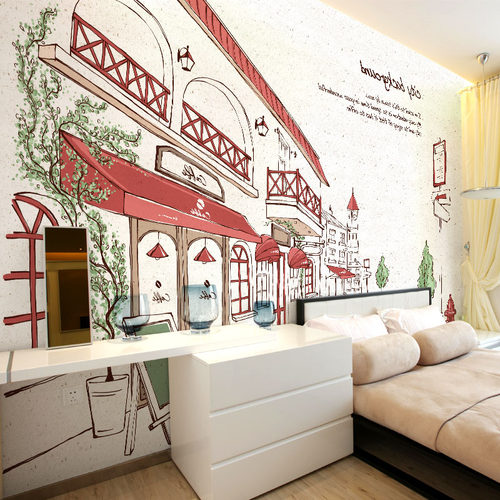 艺术手绘城市街景墙纸餐厅咖啡厅墙布客厅酒吧3d壁纸ktv个性壁画