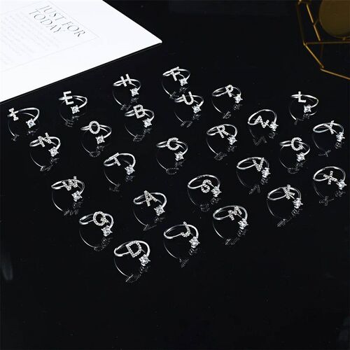 Silver Color Zircon Initial A-Z Letter Rings For Women 26 En