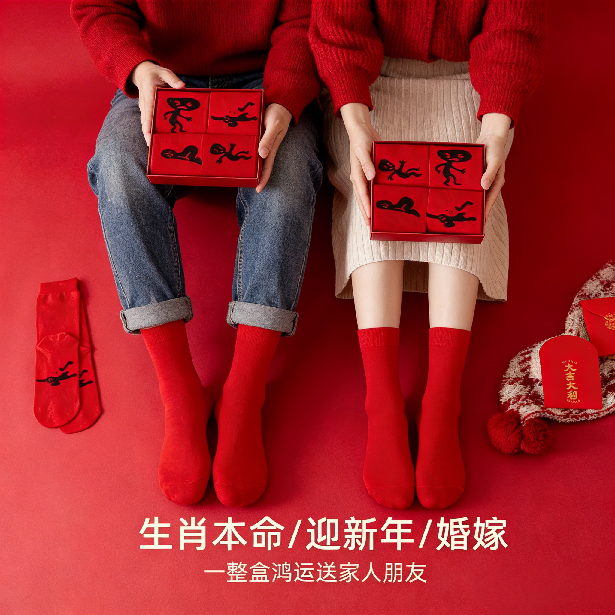 NEWOK本命年袜子红色马年袜子中筒袜女款男袜红袜2026新年袜