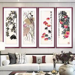 国画齐白石彩墨挂画寿桃水墨画新中式玄关装饰画走廊过道竖款壁画