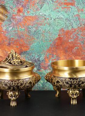 宏达 全黄铜浮雕双龙戏珠供奉三足熏香炉铜器摆件